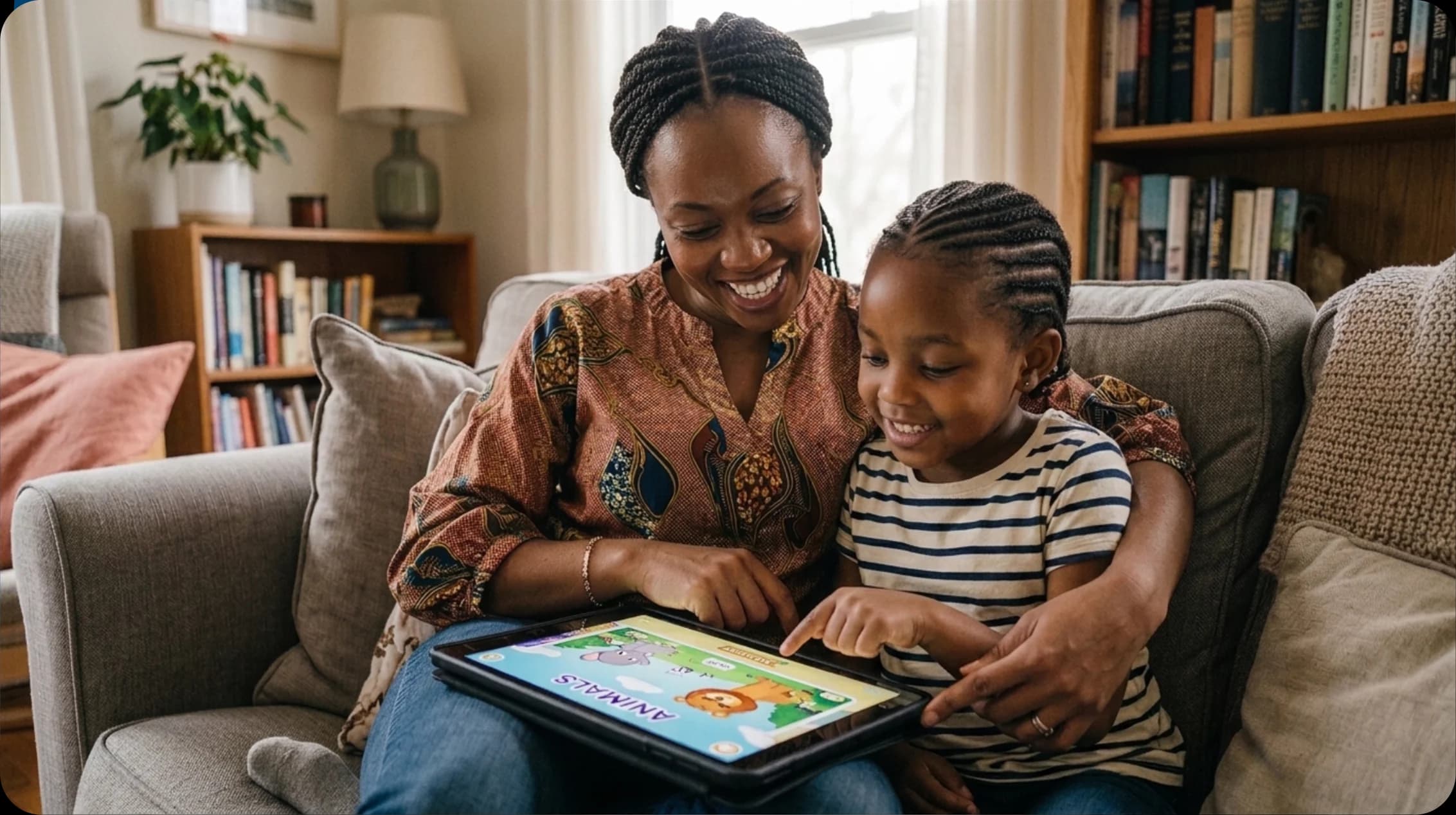 A parent and child looking at a cognitive screening exercise together on a tablet