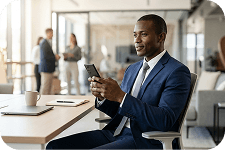 An employee checking his phone in an open office