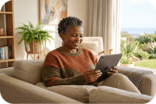 An individual relaxing on a sofa at home using a tablet