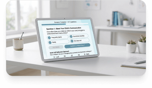 A tablet on a desk showing the screener's first question in progress
