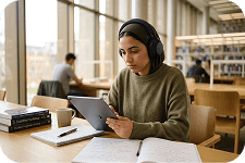 A student wearing headphones and studying at a desk
