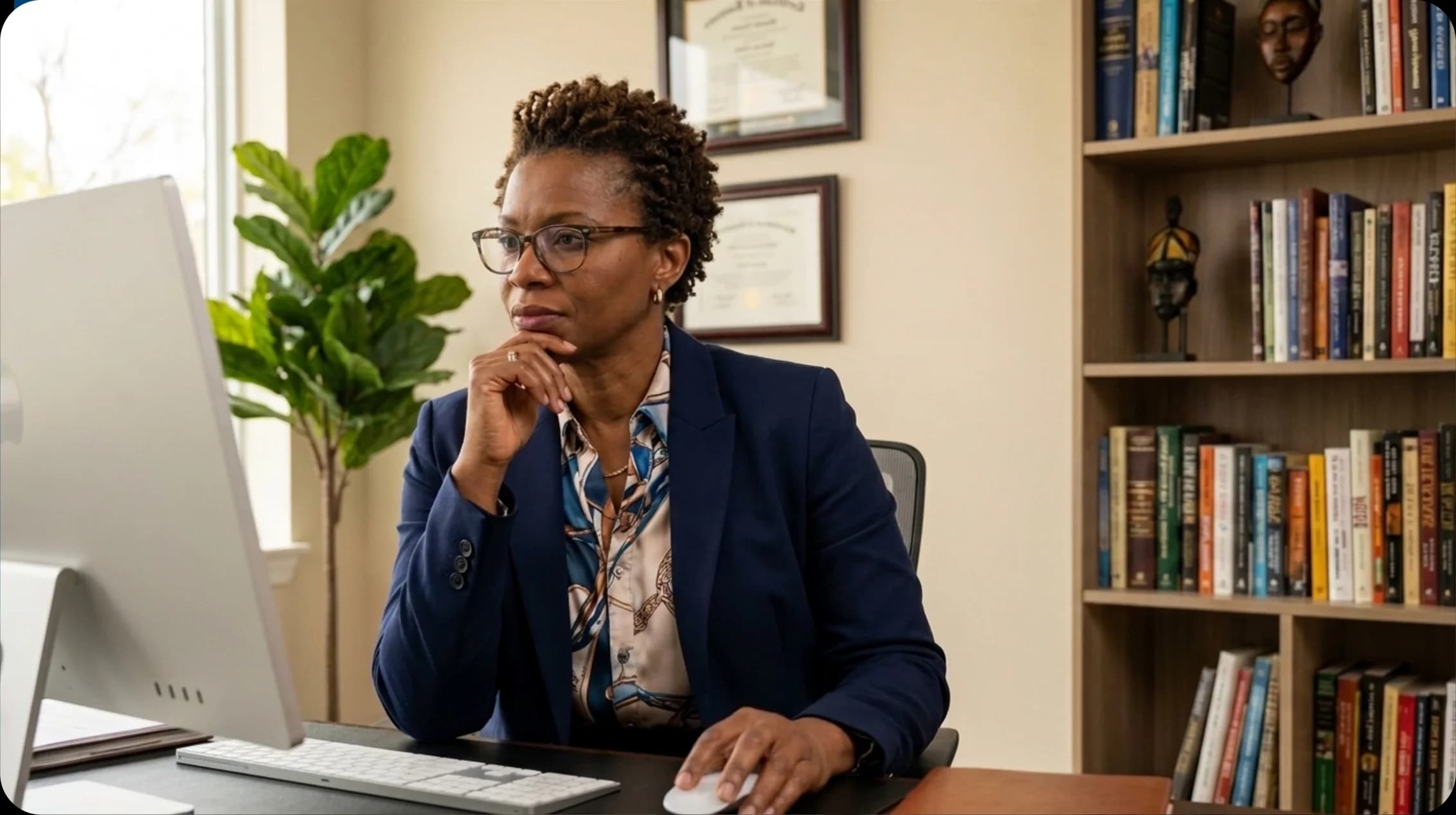 A clinician reviewing a CogniRx Pro assessment result at her desk