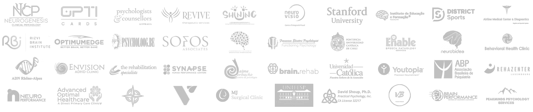 Logos of clinics, universities and research institutions that use CogniRx Pro's validated assessment engine