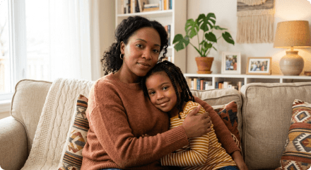 A mother embracing her daughter on a sofa at home